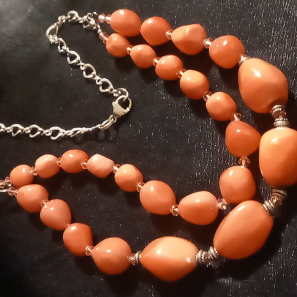 Sterling silver Coral color layered glass Beaded Necklace.